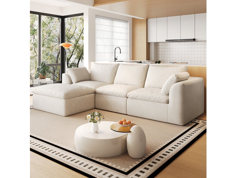  Canapé d'angle 4 places avec méridienne à gauche et assise en mousse, en tissu de lin blanc beige, 245 × 155 × 83 cm  - Conforama D