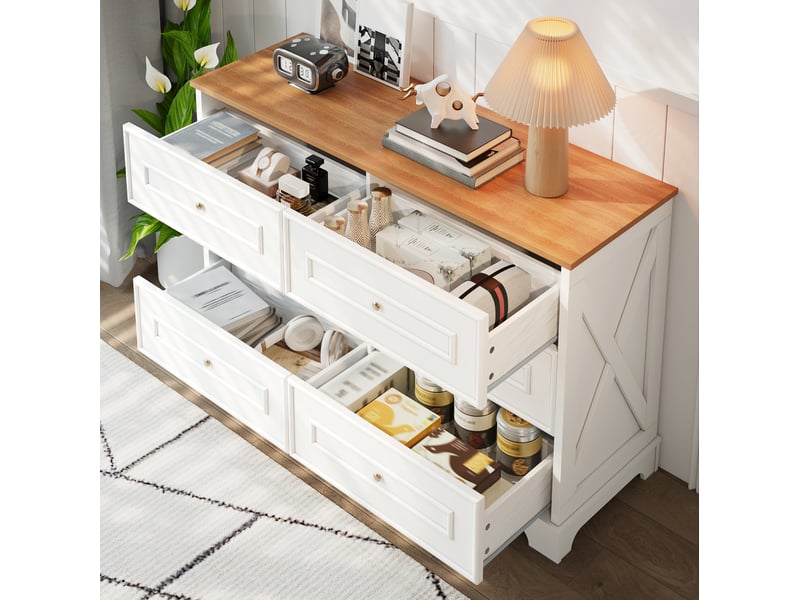  Commode 120x40x76 cm avec 6 tiroirs, style campagne rétro, buffet, mdf+aggloméré, pour salon, blanc+naturel  - Conforama E