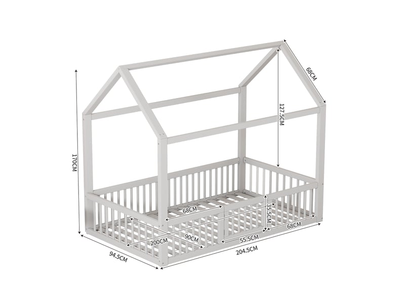 Lit cabane enfant 90x200 en bois massif blanc, lit maison avec petite porte et barrière de sécurité, sommier à lattes inclus pour chambre  - Conforama C