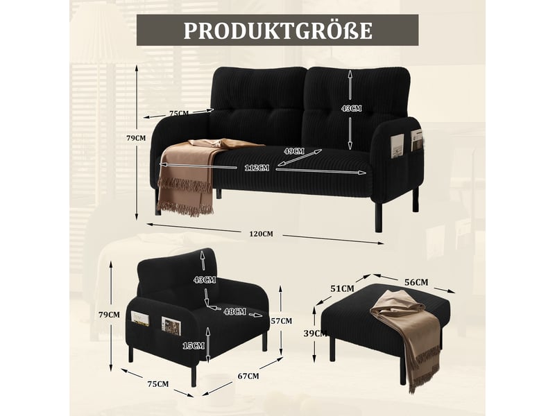 Canapé 2 places noir en velours côtelé avec fauteuil et pouf, pochette latérale intégrée pour salon  - Conforama C