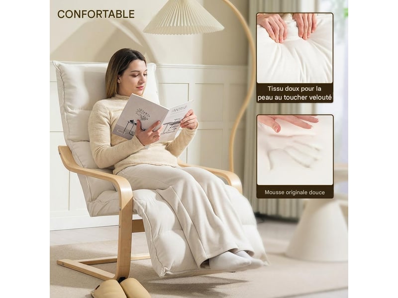  Fauteuil relax avec repose-pieds réglable en bouleau blanc crème 67x114x105 cm  - Conforama D