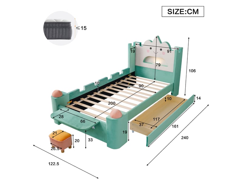  Lit enfant 90x200 cm avec tête de lit nuage, avec lampe led usb et tiroir de rangement, bois, bleu-vert, sans matelas  - Conforama C