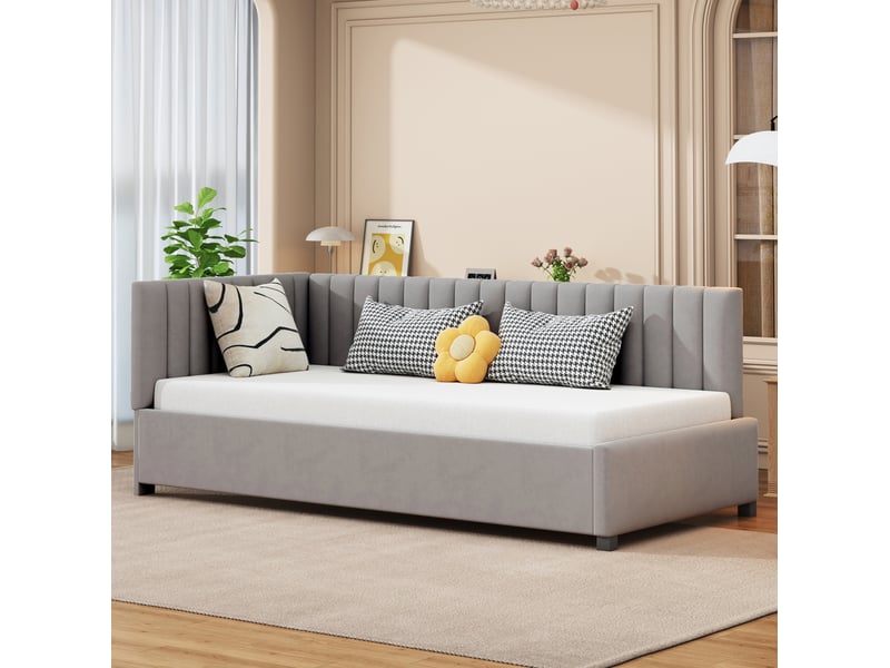  Modenvie lit banquette 90x200 cm - velours avec sommier à lattes, dossier réversible, sans matelas - gris  - Conforama E
