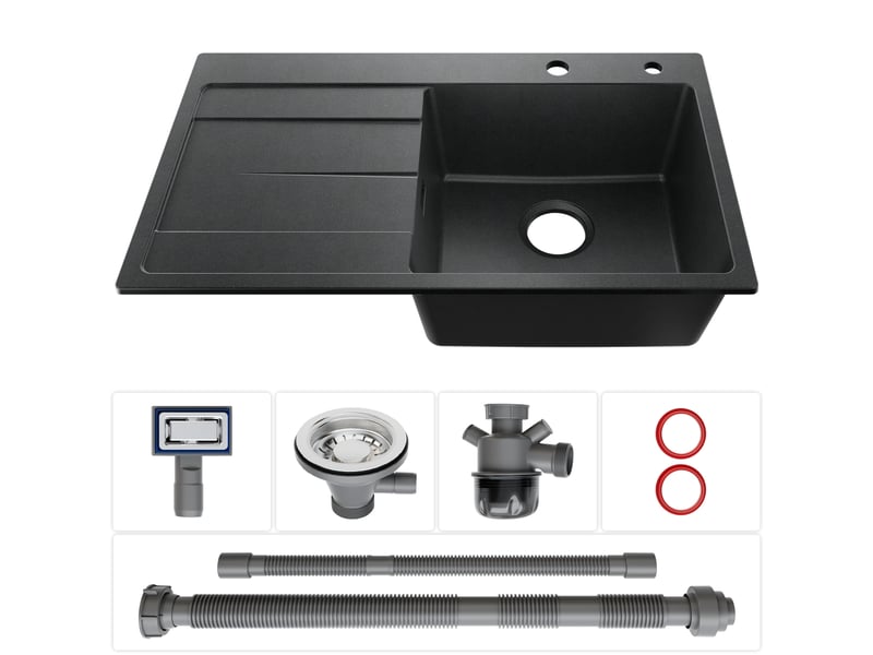 Sofetiy max évier en granit 78x45cm - évier de cuisine noir - avec égouttoir et panier égouttoir - siphon et crépine inclus - Conforama E