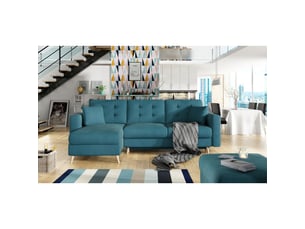 Canapé d'angle convertible hasgard 3 places bleu 248x162 cm – coffre et pieds bois