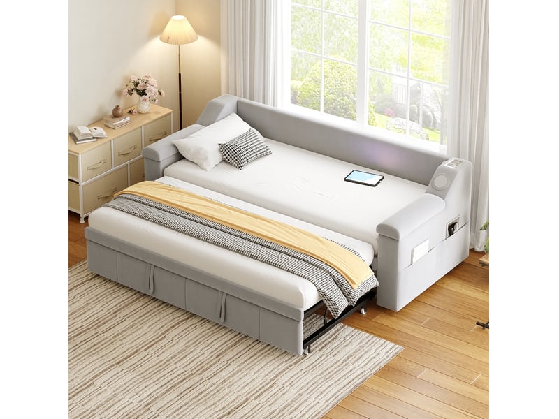 Lit gigogne 90x190 cm extensible 180x190 cm en velours gris clair - Conforama D
