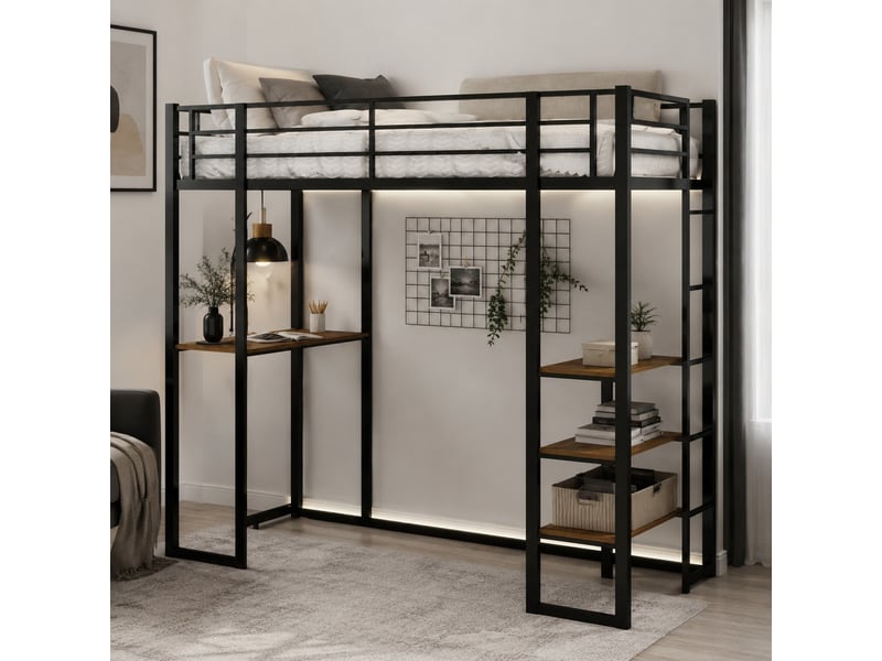  Lit mezzanine en métal avec bureau, échelles bilatérales et garde-corps noir  - Conforama B