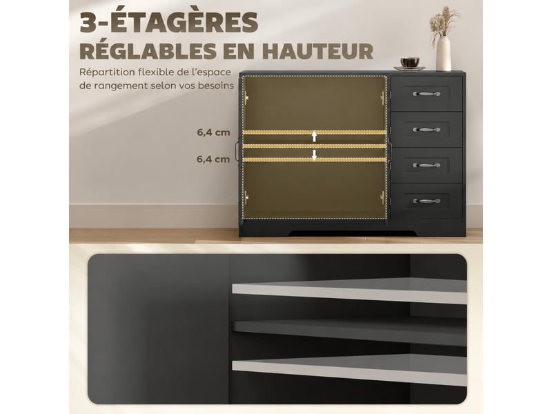 Meuble de cuisine muvano, buffet noir 4 tiroirs et 1 placard, étagère réglable, 105 × 40 × 76 cm - Conforama R