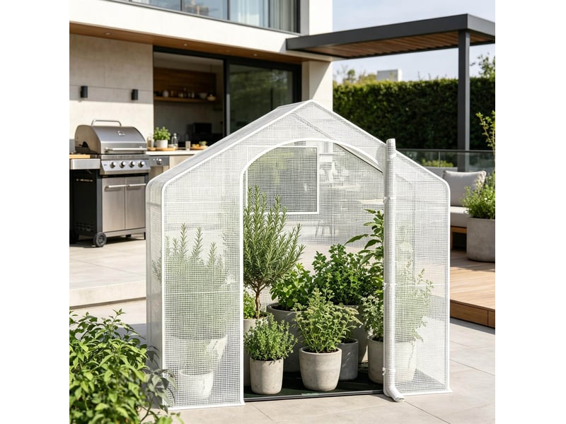 Serre de terrasse 200x80x200 cm – blanche – structure acier, porte enroulable zippée et sol pe noir  - Conforama B