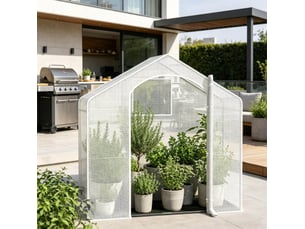 Serre de terrasse 200x80x200 cm – blanche – structure acier, porte enroulable zippée et sol pe noir