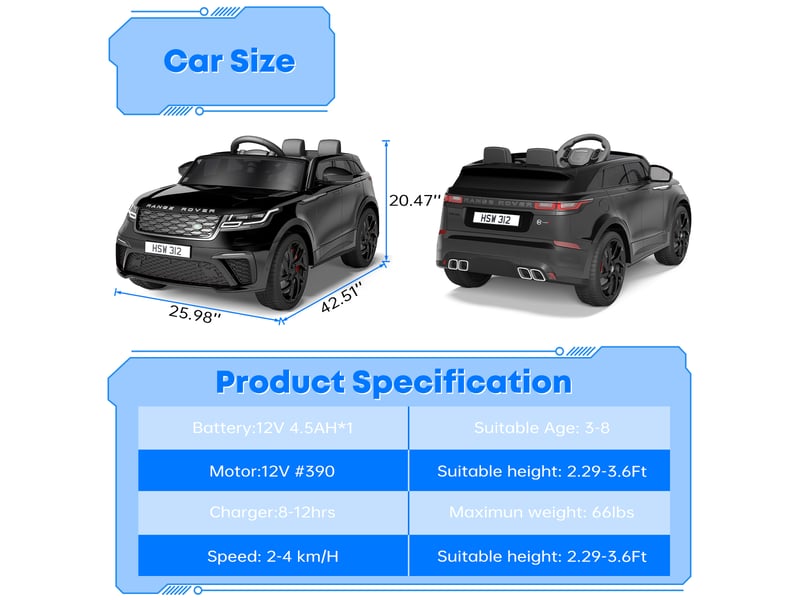  Voiture électrique pour enfant 12 v, 2 places, ceinture de sécurité, télécommande parentale, mp3, led, 3-8 ans – noir PTO_0YRTUCMT - Conforama E