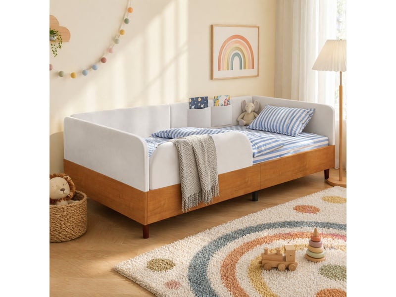 Lit enfant 90x200 cm en velours blanc et bois avec sommier à lattes et 2 poches - Conforama B