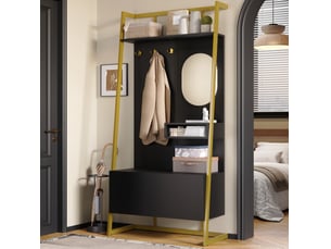 Kompaktgarderobe noire - meuble d'entrée ouvert minimaliste avec miroir, porte à double battant et banc à chaussures