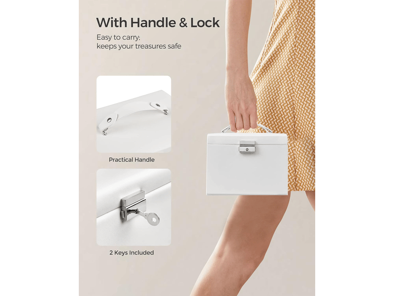  Boîte à bijoux, mallette à bijoux, coffret à bijoux de voyage, organisateur de bijoux portable, avec 2 tiroirs, miroir, serrure et clés,blanc  - Conforama C
