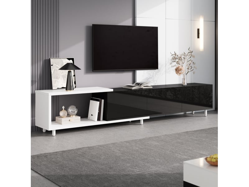  Meuble tv extensible ulevr avec rangement, 258 x 38 x 48,5 cm, 3 portes brillantes, mdf et panneaux de particules noir et blanc  - Conforama E