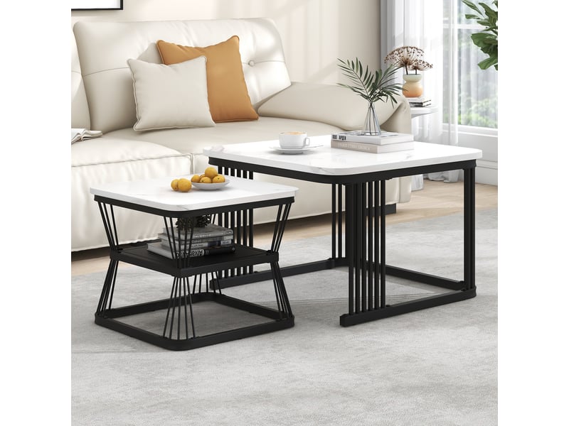  Lot de 2 tables basses gigognes effet marbre blanc pieds en acier noir  - Conforama R