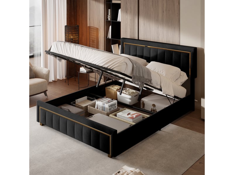  Lit coffre 140x200cm - lit double 140x200 rembourré avec tête de lit en velours, bordures dorées, style moderne chic - noir  - Conforama B
