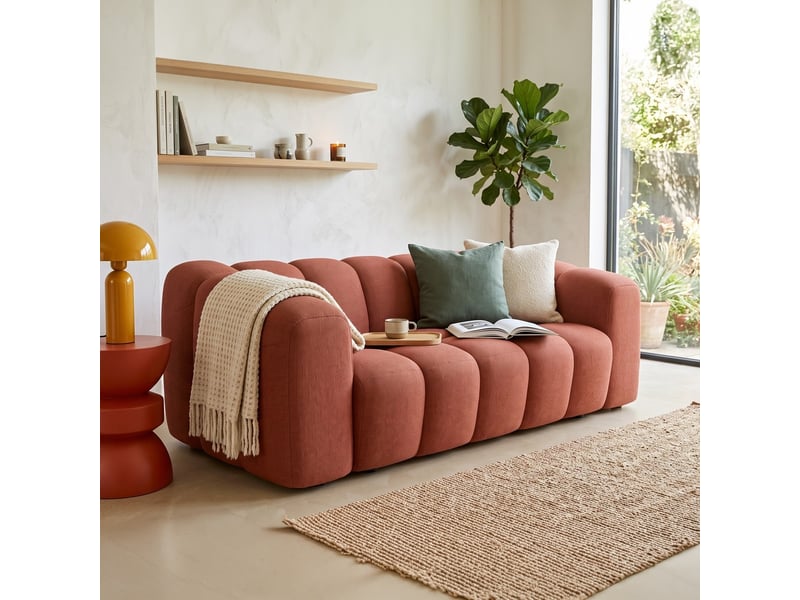 Canapé capitonné convertible 3 places en tissu chenille terracotta - ouverture express - belleville Belleville - Conforama B