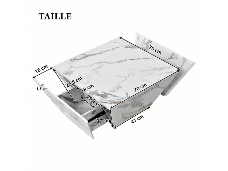  Table basse blanche effet marbre, trapézoïdale, 2 tiroirs, 70 x 70 x 37 cm, blanc  - Conforama D