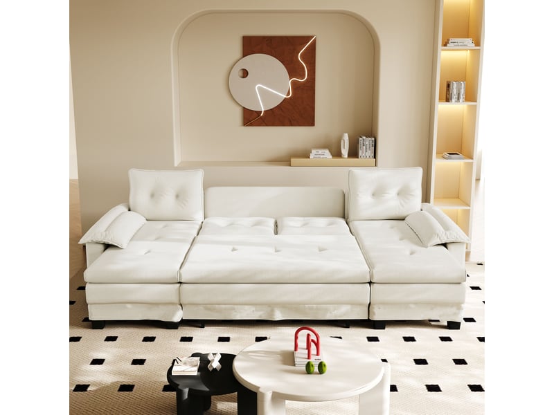 Fauteuil canapé panoramique en u chenille beige avec tiroirs intégrés et port usb pour salon moderne - Conforama R