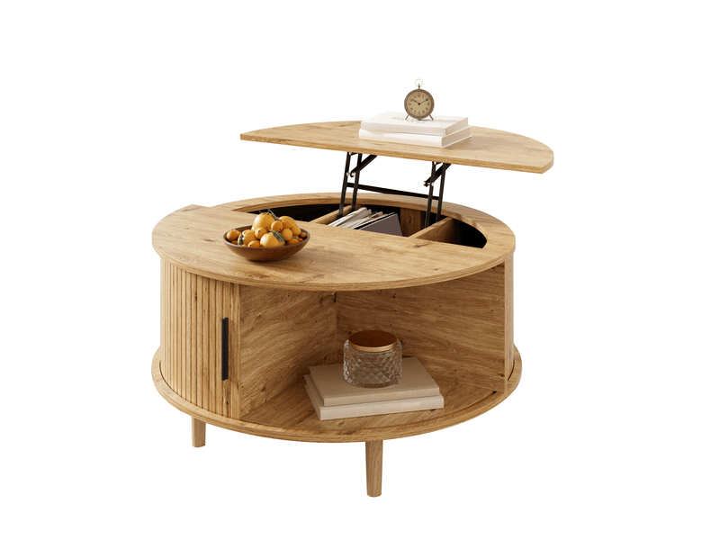  Table basse ronde 80x80x59cm, rangement et porte coulissante, en mdf, plateau réglable en hauteur, pour salon, chêne  - Conforama A