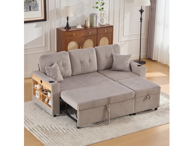  Canapé 3 places 196x82–144x85 cm lumières led prise usb‑c intégrée coussins moelleux velours côtelé gris clair  - Conforama B