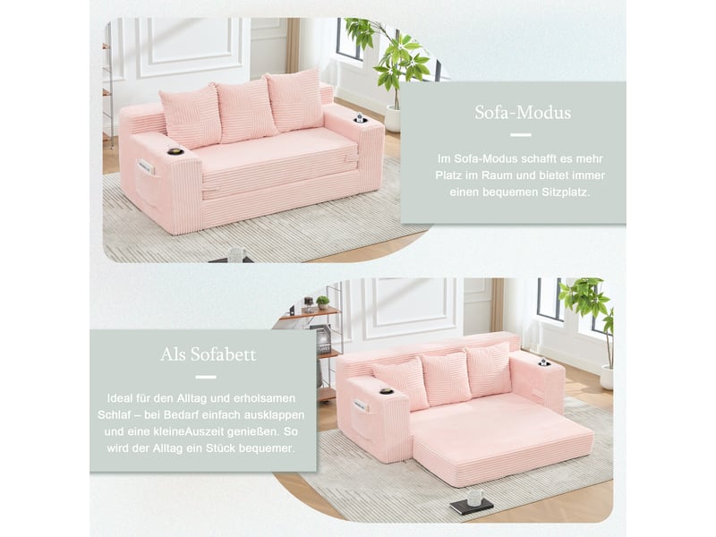 Canapé 3 places en velours côtelé x places, sans montage, design modulaire, porte-gobelets, rangements latéraux, 172×87×64 cm - Conforama R