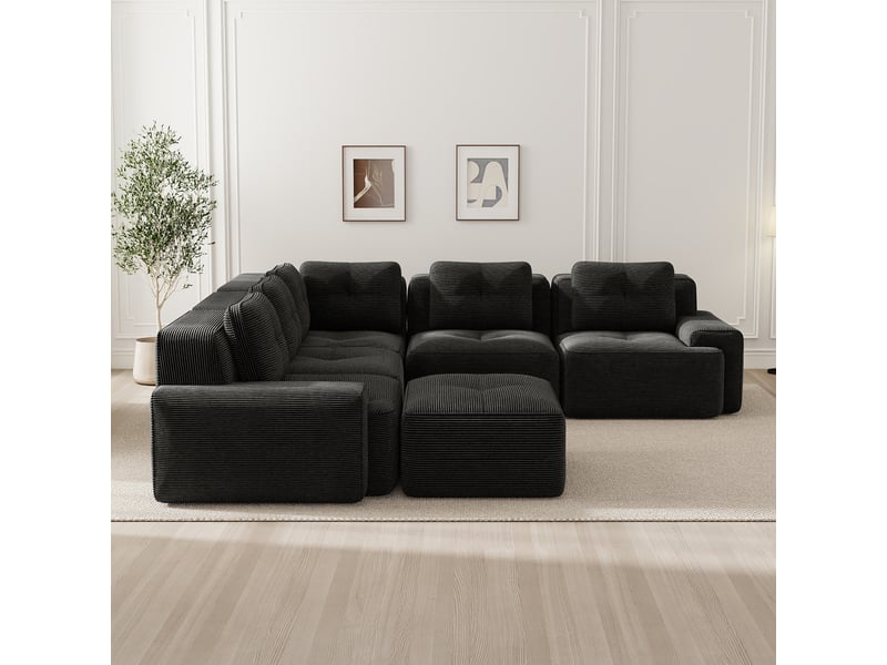 Canapé d'angle modulable sans cadre 5 places 295x295x69 cm avec pouf, assise profonde 74 cm, base antidérapante, velours côtelé noir Radiant Stride - Conforama D