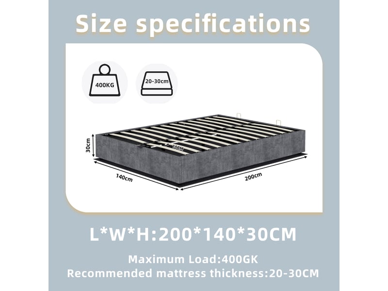  Lit coffre 140x200 cm avec matelas gris en tissu velours et métal  - Conforama C