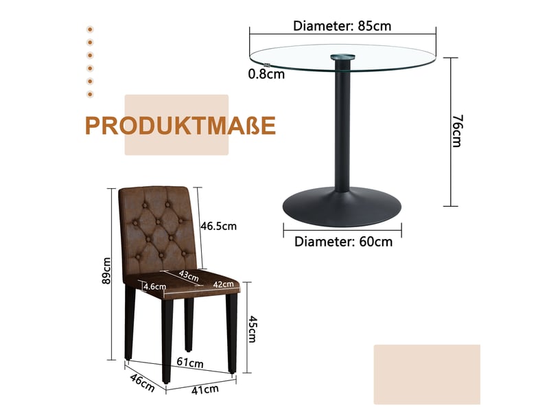  Ensemble table ronde en verre et 4 chaises marron rembourrées, plateau trempé 85 cm et piètement noir, style rétro industriel  - Conforama D