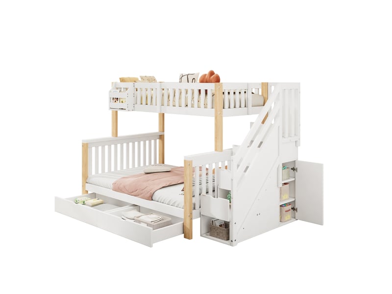  Lit enfant 140x200 cm, lit enfant multifonctionnel avec panier de rangement, tiroir, armoire escalier, armoire de rangement, sans matelas, blanc et naturel  - Conforama E