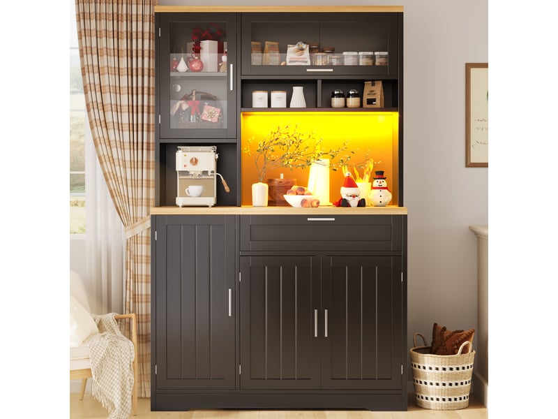  Buffet de cuisine -buffet haut led avec vitrine portes vitrées - rangement cuisine avec tiroir et placards 104x40x180cm -  noir  - Conforama A