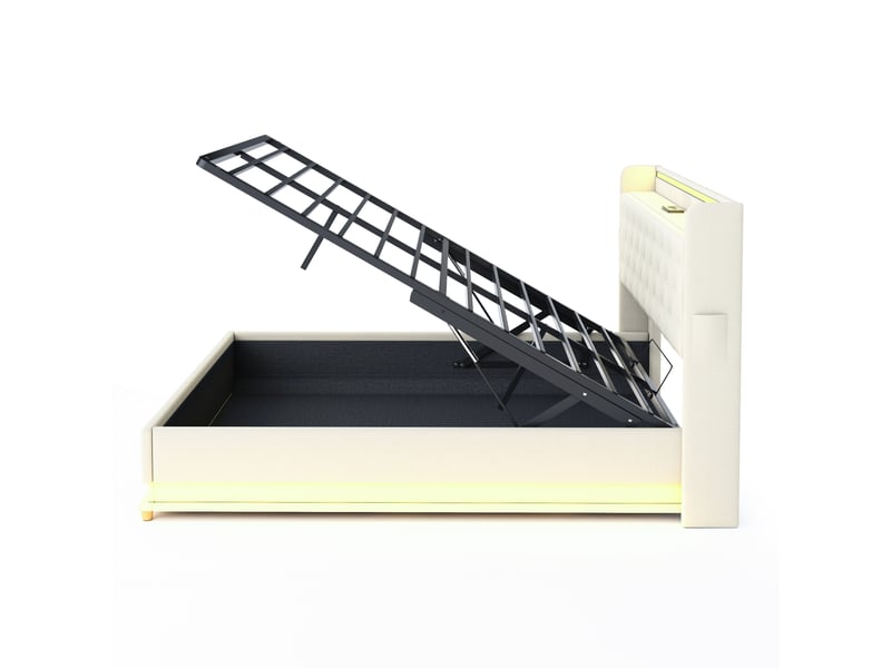  Lit adulte capitonné 160 x 200 cm,lit coffre avec led, port de chargement usb et rangement hydraulique, tissu lin doux pour la peau beige lit adulte beige - Conforama E
