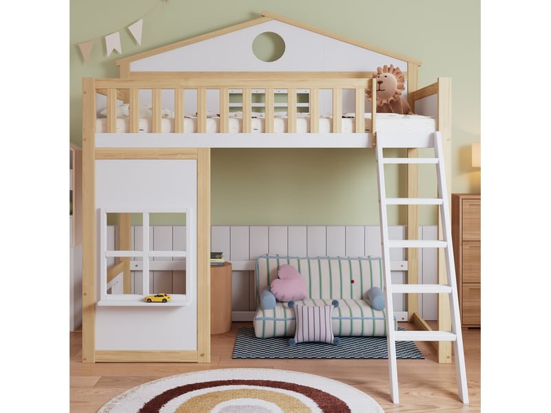 Lit superposé enfant 90x200 cm avec escalier et barrières bois et mdf blanc et naturel sans matelas  - Conforama B