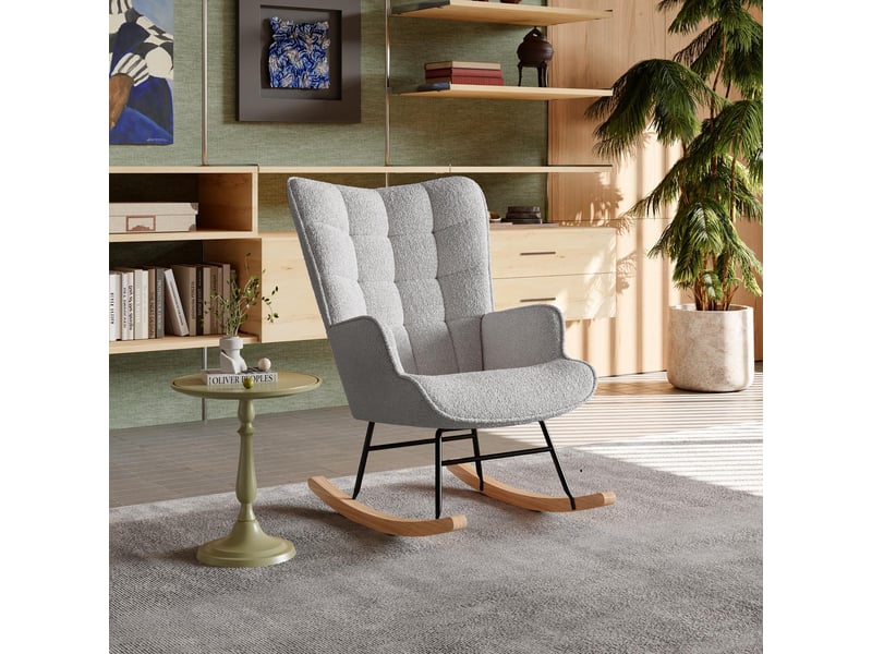 Fauteuil à bascule - 75x68x92cm - rocking chair en tissu bouclette avec dossier capitonnée et pieds en bois - gris clair  - Conforama D