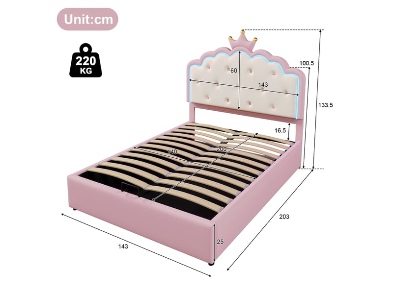  Lit rembourré tcqpz 140 x 200 cm avec sommier à lattes led rangement hydraulique rose  - Conforama C