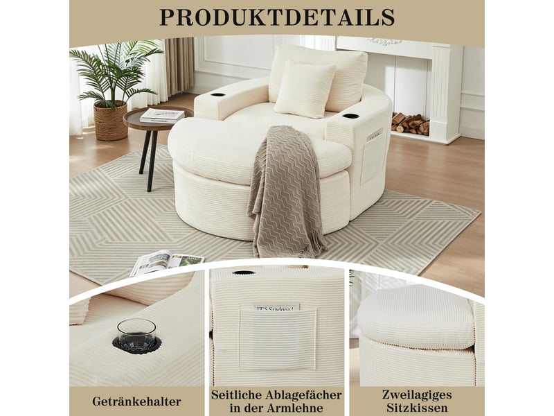 Fauteuil rond en velours côtelé, avec pouf, sans ossature rigide, assise à double couche pour les moments de repos - Conforama D