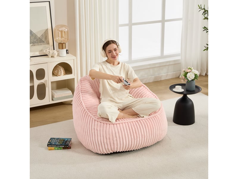  Fauteuil 1 place - 98x92x73cm - fauteuil pouf en mousse à mémoire de forme et peluche rayée - rose  - Conforama D