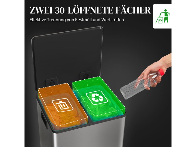  Poubelle de tri sélectif 2 x 30l en acier inoxydable argenté 47,7x37,5x66,8 cm  - Conforama D
