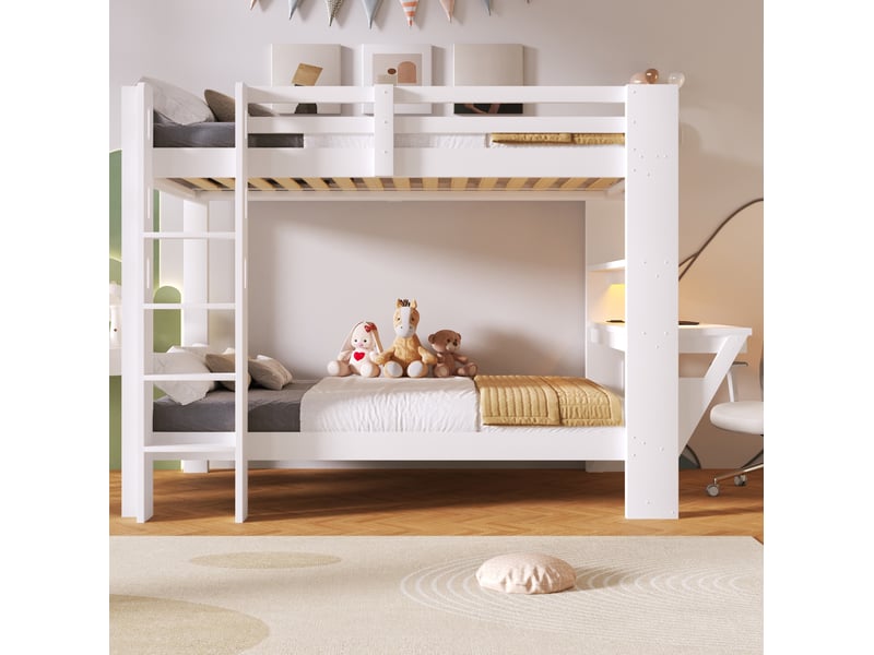 Lit superposé 90x200 cm avec bureau, prises et éclairage led, blanc  - Conforama D
