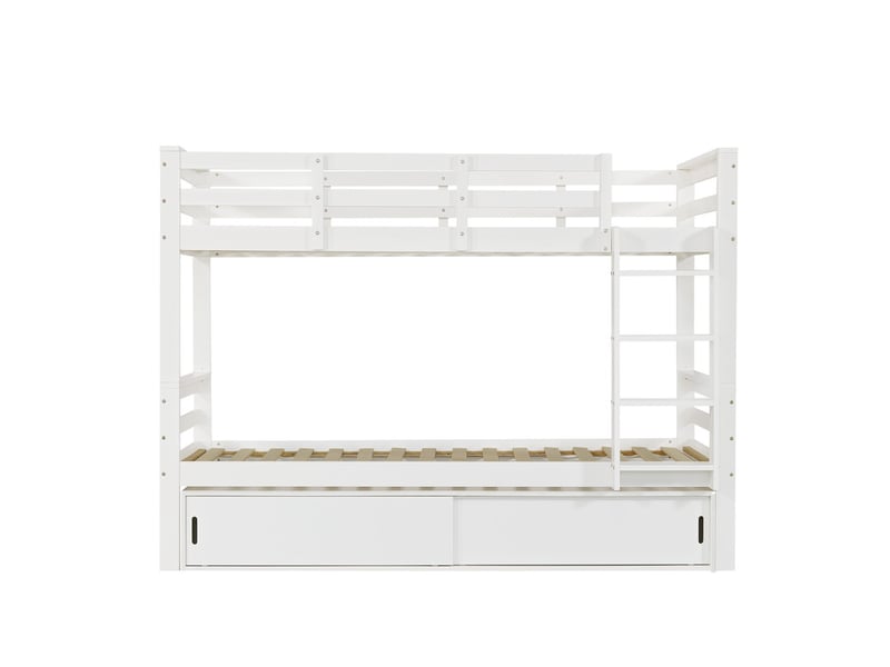  Lit superposé 90 x 200cm, séparable en 2 lits simples, rangement porte coulissante, échelle, barrières sécurité, blanc  - Conforama A