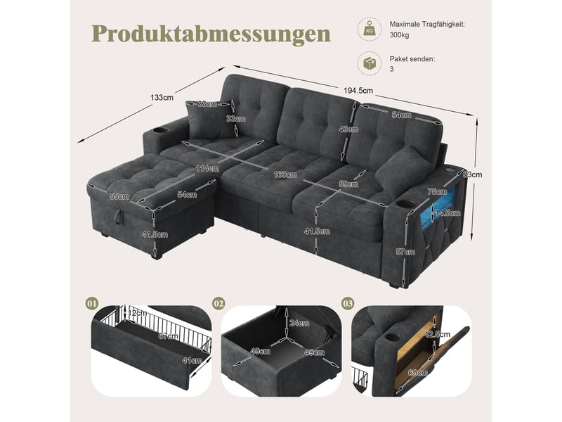  Canapé d’angle 3 places vec led pouf de rangement et ports usb et 2 tiroirs en chenille noir 194,5x133x83 cm BUYDEEMEUS - Conforama C
