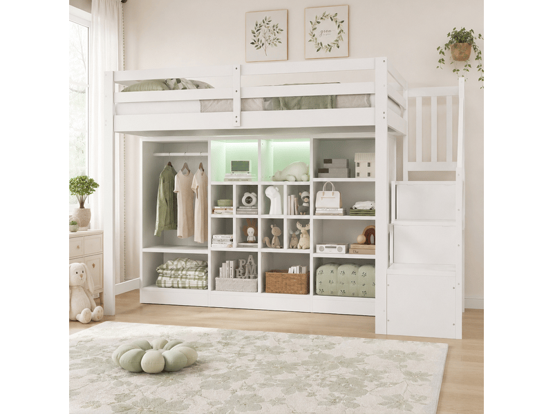  Lit mezzanine 90 x 200 cm en bois avec placard, bureau, échelle rangement et led, blanc  - Conforama C