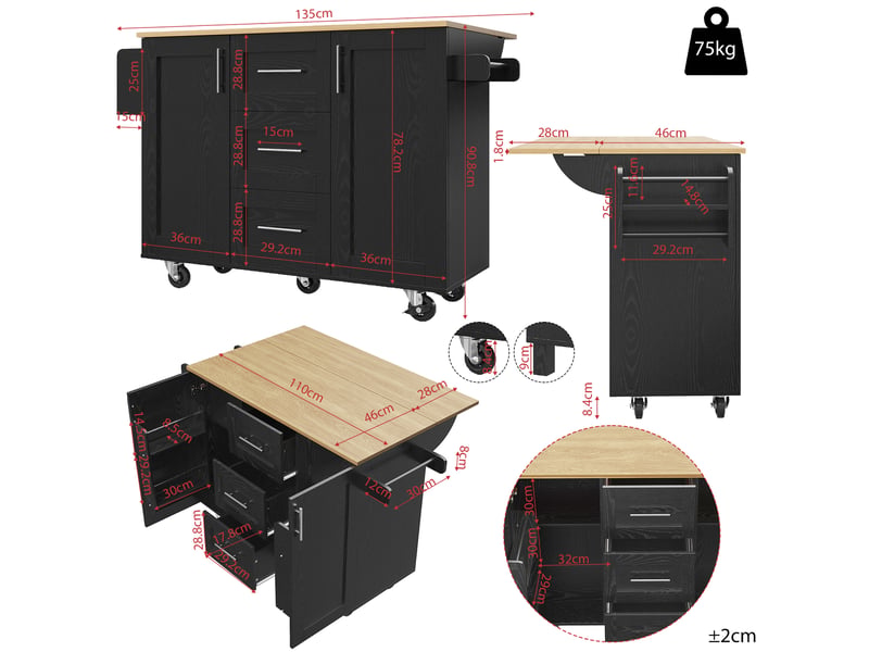  Îlot de cuisine 135x46x90.8cm, desserte avec 2 portes, 3 tiroris, plateau pliable, espace de rangement, roulette, mdf noir  - Conforama E
