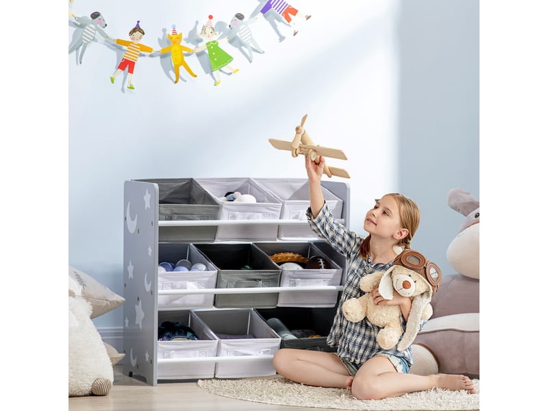  Armoire à jouets avec 9 paniers amovibles en mdf et tissu, 63 x 30 x 60 cm, gris et blanc  - Conforama C