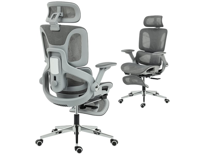  Chaise de bureau ergonomique, chaise d'ordinateur en maille avec dossier indépendant, soutien lombaire, accoudoirs rabattables 4d, grise  - Conforama A