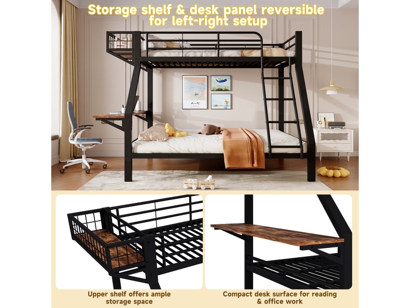 Lit superposé 3 places 90 x 200 et 140 x 200 cm avec bureau et rangement ouvert réversibles, lit double et simple en métal noir avec garde-corps - Conforama E