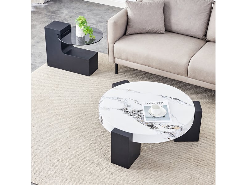  Tables basses rondes gigognes 61x30+44x39 cm, table d'appoint, plateau effet marbre mdf et verre, salon, blanc et noir  - Conforama E