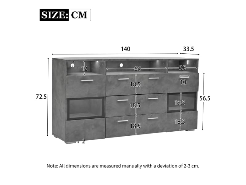Buffet gris 140x33,5x72,5 cm avec led, 2 portes, 3 tiroirs et 3 compartiments ouverts, en bois  - Conforama C