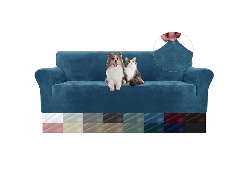  Housse de canapé en velours 3 places(180-230cm), sofa cover extensible,  bleu paon  - Conforama A